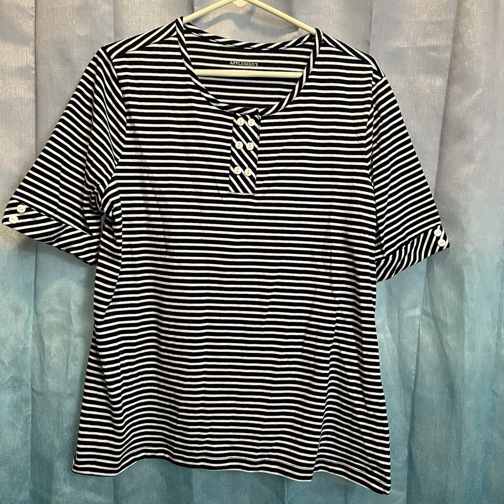 Women's Appleseeds Navy Blue Striped‎ Short Sleeve Button Cuff Blouse Top (L)
